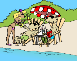 Taylor and Mole are enjoying a sunny beach while a hot waitress serves cold drinks.
